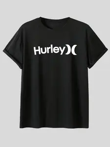 Hurley Letter Logo Print Short Sleeve T-Shirt, American Surf Style Streetwear Loose Cotton Top, Casual Versatile Menswear Rolled Hem Sleeves