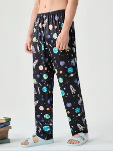 Men's Space Ship Theme Sleep Pants, Soft Lightweight Polyester Blend Homeewear, Elastic Waistband, Galaxy Print, Comfortable Loungewear