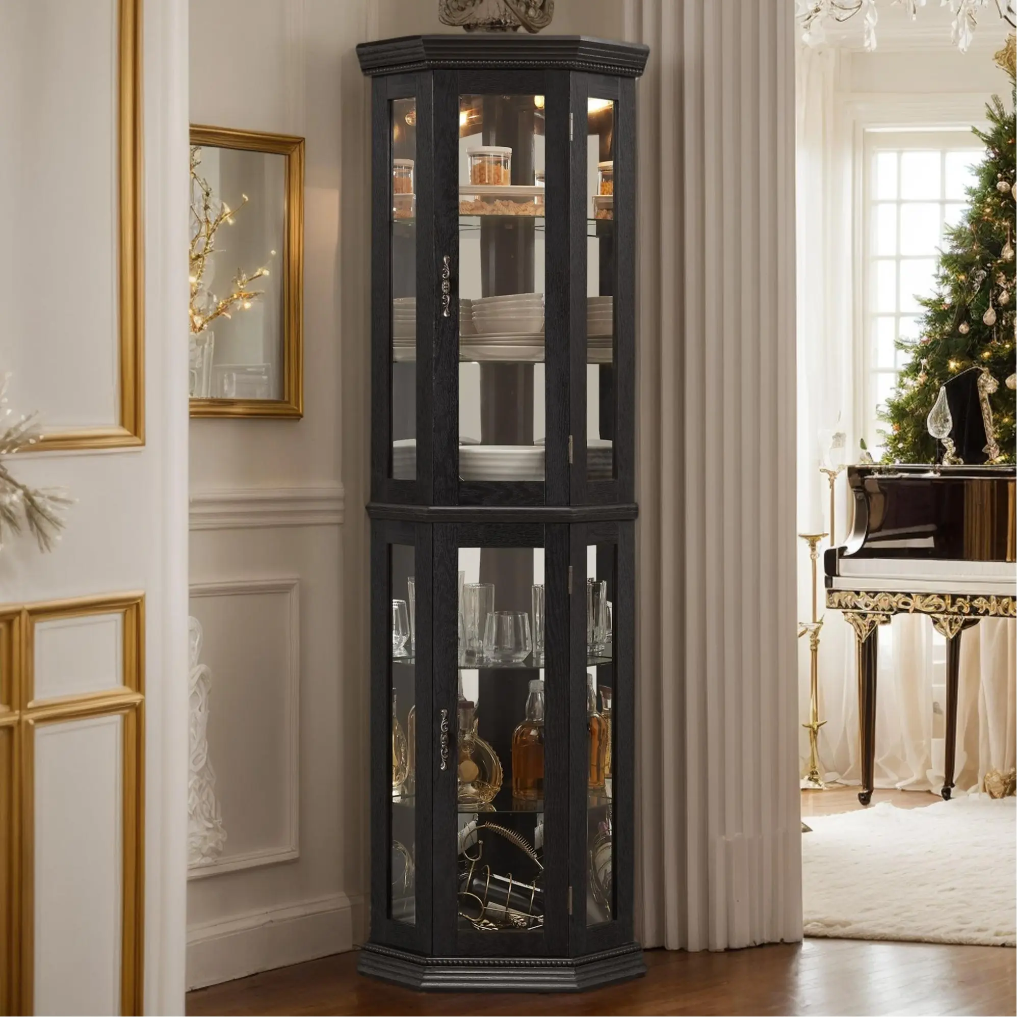 Eyisean 70" Vintage Corner Curio Cabinet, Glass Display Cabinet with 4 Tempered Adjustable Glass Shelves and 2 Doors, China Cabinet Include Light Bulb, Rack for Living Room,