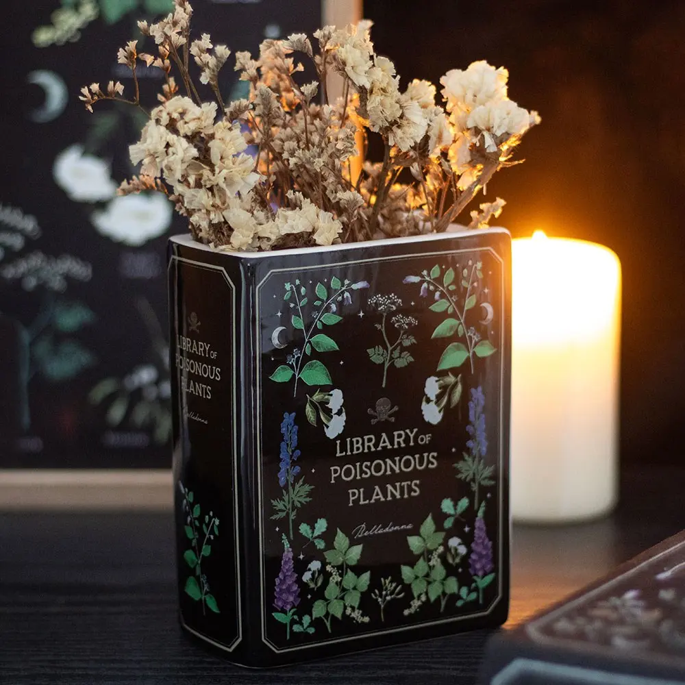 Book-Shaped Ceramic Vase with Poisonous Plant Illustrations - Funky Home Decor Ornaments, Household Items Decor, Bedroom Flower Holder, Living Space Accent Home Decorative Vase Home Decoration Luxurious Centerpieces Vases Vintageroomdecor