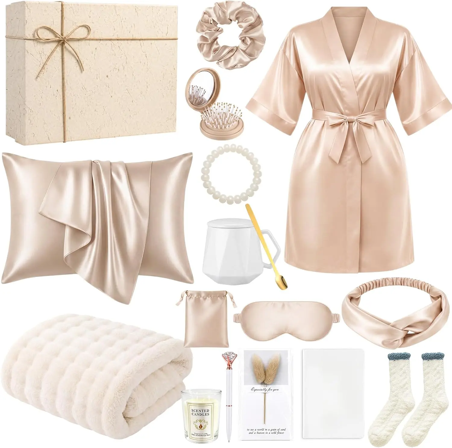 Twistover 16 Pcs Birthday Gifts for Women: Luxury Robe & Blanket Spa Basket, Graduation Gifts for Women -Scented Candle, Mug, Notebook, Pillowcase & Self Care Essentials(Champagne)