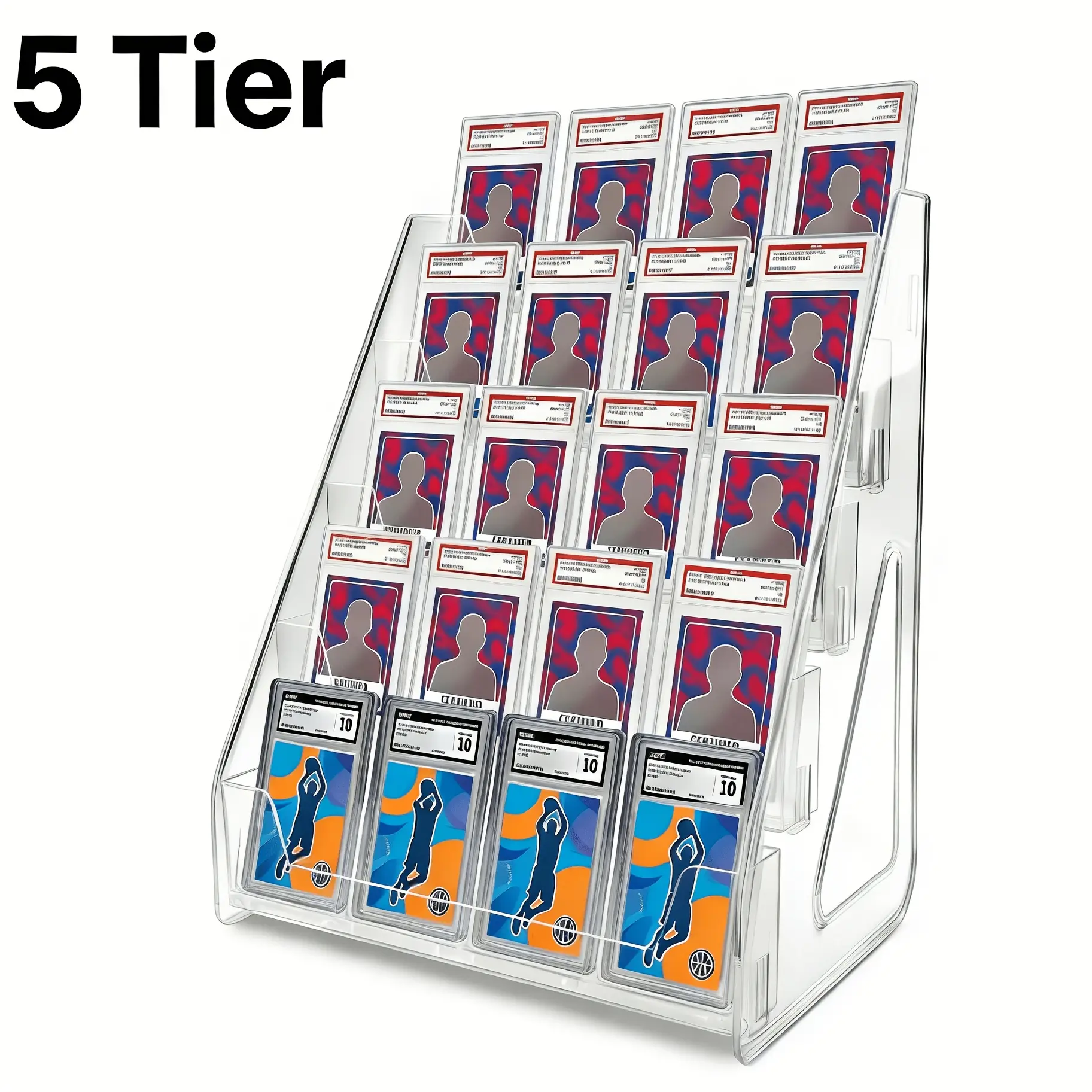 5 Tier Trading Card Display Stand, Vertical Holder for Baseball Basketball Sports Graded Card Display Stand Tabletop, Snap-On Assembly