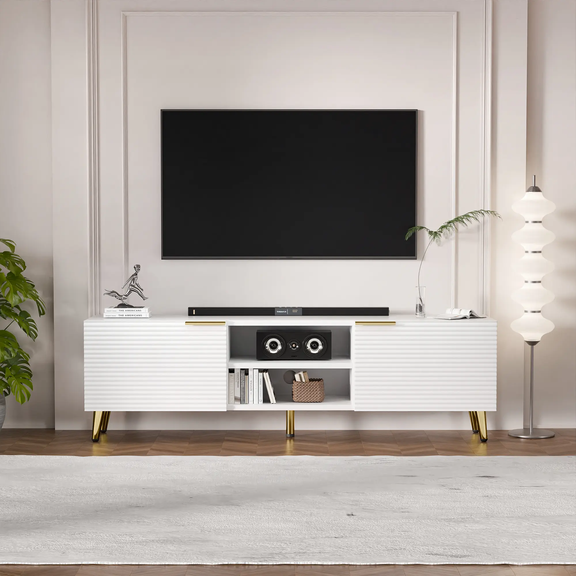 Topwin Minimalist TV Stand - Modern Engineered Wood TV Console Cabinet with Adjustable Shelves, Gold Handles, Spacious Storage, Anti-Tipping Design, Circular Cable Holes, 147 * 40 * 57Cm, Assembly Required for Living Room Indoor Furniture, Wall Mount