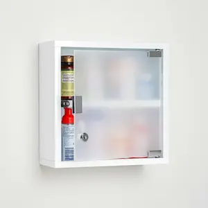 Lockable Medicine Cabinet with Child-Proof Key Lock System Elegant Frosted Glass Door Durable Steel Construction Modern White Finish Wall-Mounted Storage Solution