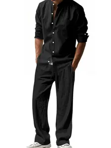 Men's 2-Piece Linen Set, Includes Beach Button Plain Long Sleeve Shirt and Casual Loose Pants, Summer Wear, Comfortable and Breathable, Ideal for Beach Holidays, Suits