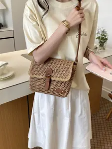 New Korean Style Beach Straw Postman Bag, Women's Japanese Forest Lazy Weave Crossbody, Flap Crossbody Purse, Vintage Buckle, Adjustable Strap, Large Capacity