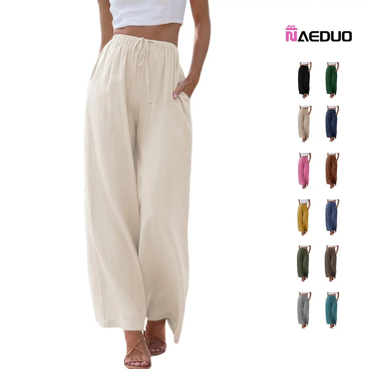 Naeduo Cotton Linen Pants for Women, Casual High Waist Wide Leg Trousers with Drawstring and Pockets, Flowy for Summer Beach, Bottom, Basic, Linen Wide Leg Pants, Drawstring Pants
