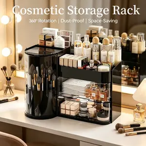 360 Rotating Makeup Organizer for Vanity, Rotating Makeup Brush Holder & Skin Care Organizer with Transparent Lid and Drawers, Ideal for Makeup Brushes, Perfumes and Cosmetics, Black/White/Cream White