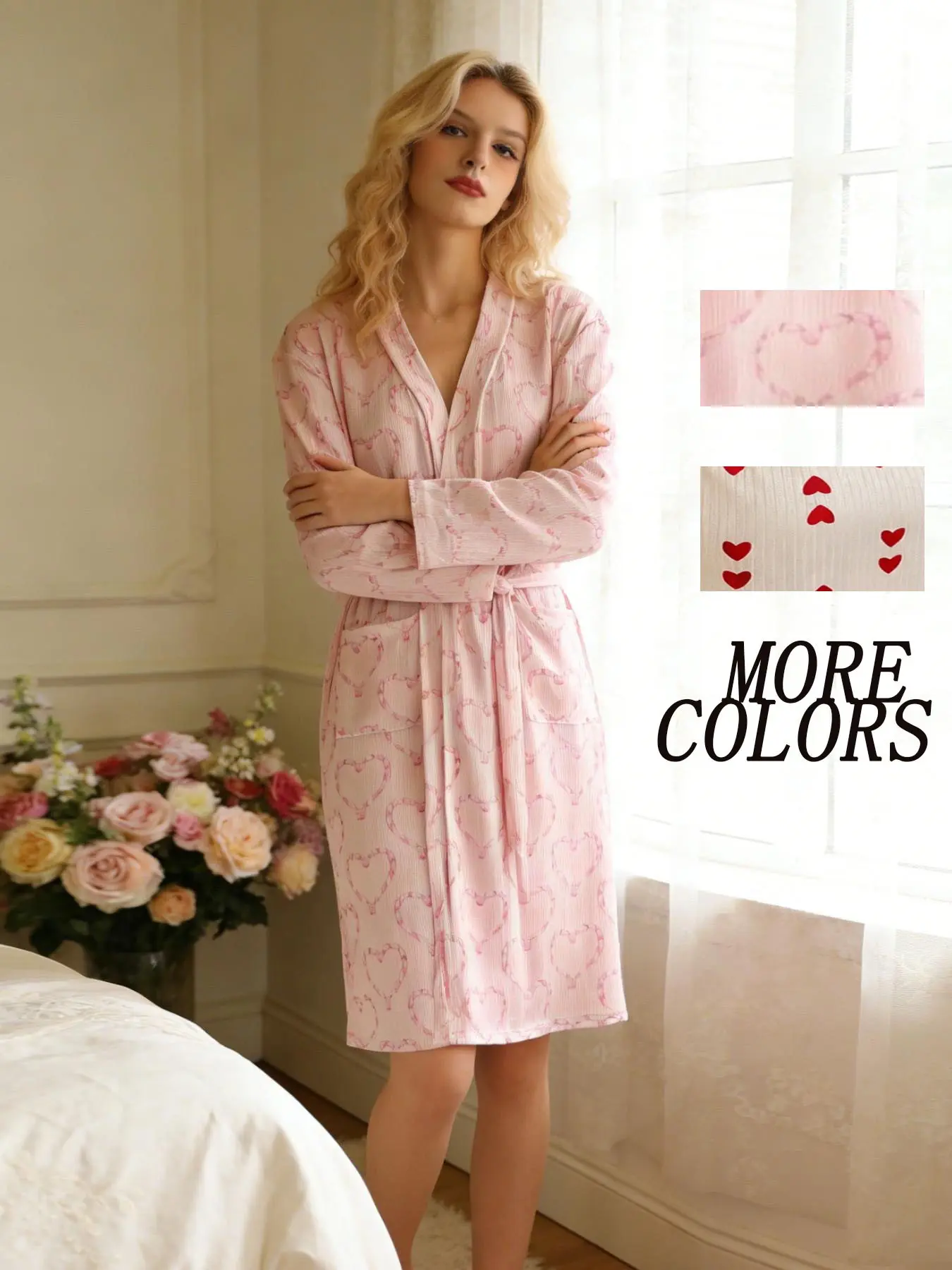 Heart Print Textured Loose Robe for Women, Gowns, Tie Waist Adjustable Long Sleeve V Neck Home Morning Dress, Comfortable Soft Sleepwear Loungewear for Daily Use