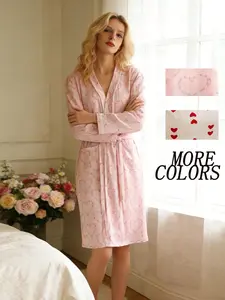 Heart Print Textured Robe for Women, Tie Waist Long Sleeve V Neck Home Morning Dress, Comfortable Soft Sleepwear Loungewear for Daily Use