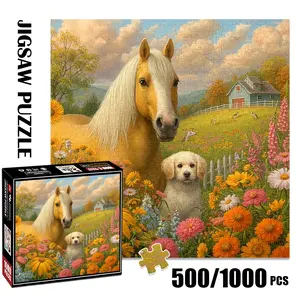 1pc 1000 piece adult puzzle 58x58cm Horse and Puppy in Flower - Filled Countryside Landscape 500 pieces of paper puzzle, suitable for adults and families, large-scale DIY puzzle interactive toy ga