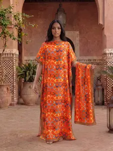 Women's Elegant Geometric Print Robe Set, Long Dress + Headscarf Scarf Hairband, Beach Sun Protection Satin Silk Shawl Elegance Casual