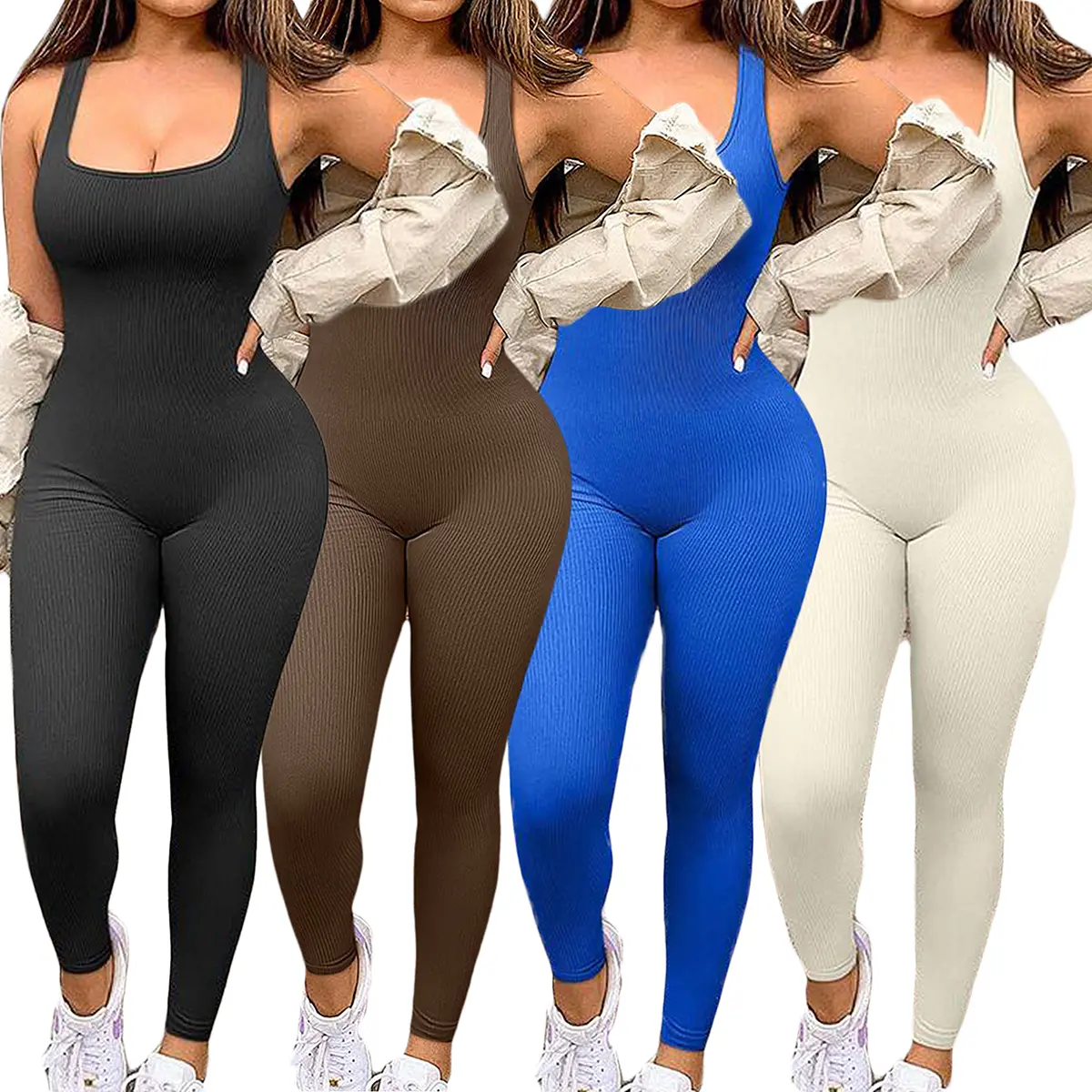 Women's Sports Jumpsuit, Solid Color Sleeveless U Neck Full Length Skinny Fit Activewear in High Stretch Fabric for Dance, Spandex, Dance Clothing, Knit, Long Length