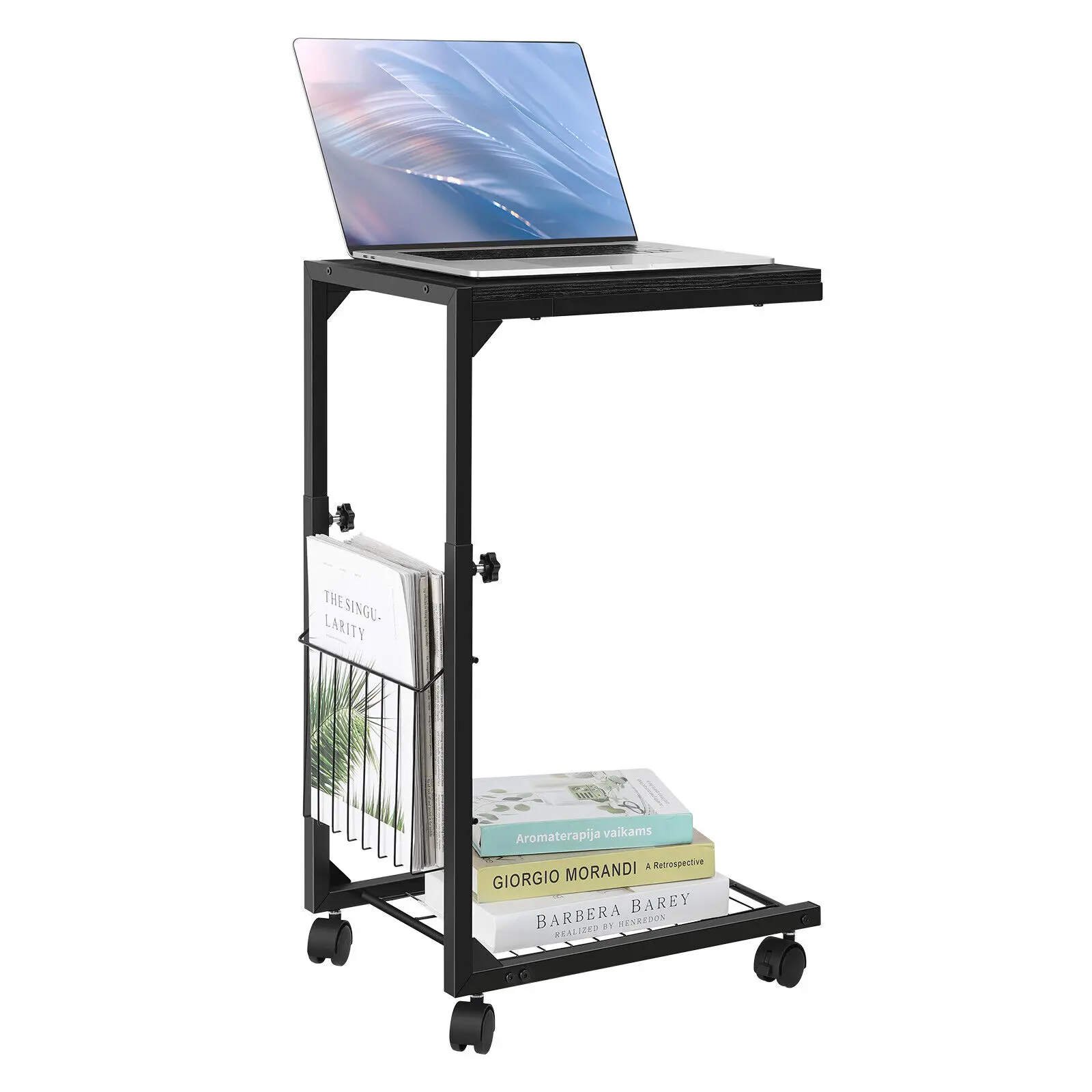 Side Table with Wheels for Living Room and Bedroom with Storage Mesh Basket, Slide Under Sofa Table or Use as Laptop Table, Black Willow Set