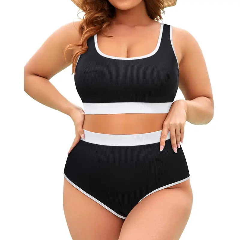 Tempt Me Women Plus Size High Waisted Bikini Set Tummy Control Two Piece Swimsuit Full Coverage Sporty Two Piece Bathing Suits