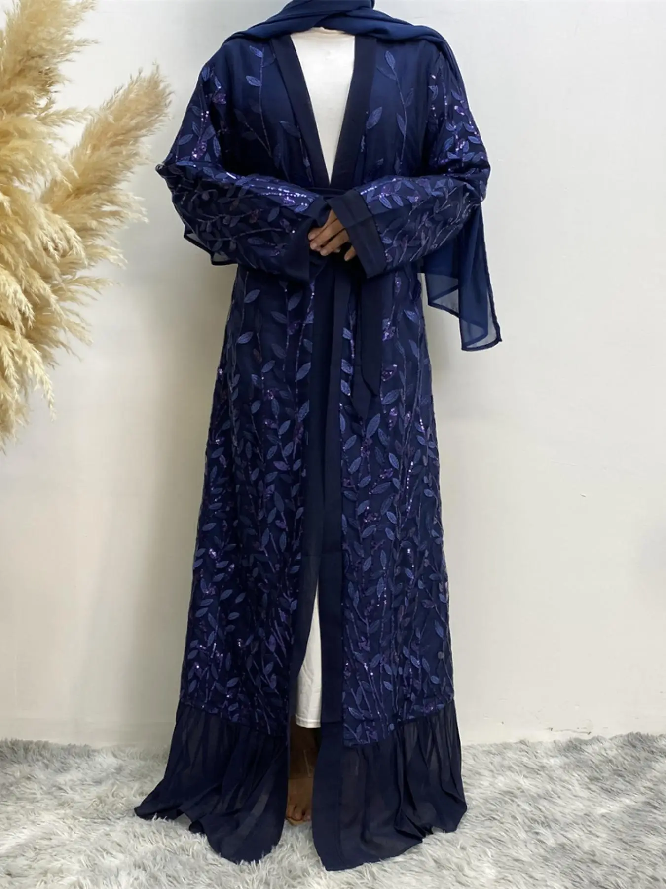 Arabic Clothing-contrast Sequin Leaf Embroidery Ruffle Hem Belted Caftan Abaya without Dress, Modesty Elegant Long Sleeve Open Front Arab Robe Loose I