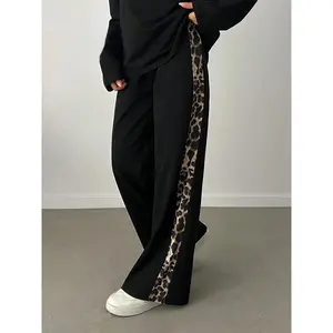 Women's Plus Size Loose Fit Wide Leg Pants, Side Leopard Print Design, Casual Fashion Daily Wear, Everyday, Trendy Streetwear Style