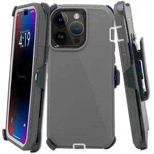 Gray Rugged Defender Case Cover For Apple iPhone 17 / 17E / 16 / 16E / 15 / 14 / 13 / 12 / Plus / Pro / Pro Max / Shockproof Heavyduty Protection cover With Belt Clip Phonecase Protector  Protective