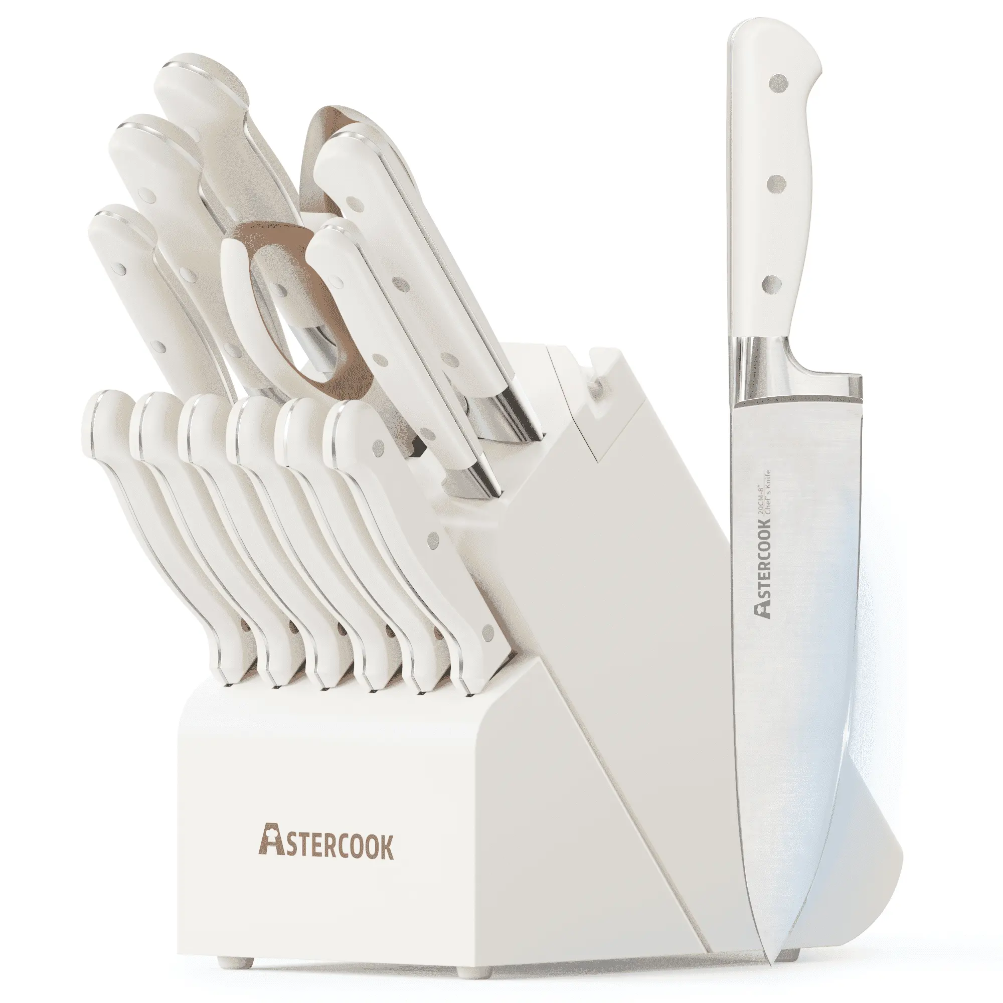 Astercook 14-Piece Knife Set with Block and Built-in Sharpener, Professional Full-Tang Kitchen Knife Set, Elegant Cream White Design for for Modern Kitchens and Housewarming Gifts