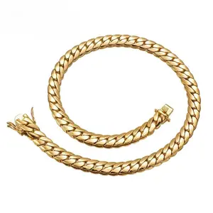 Miami Cuban Necklaces 18K Gold Plated Solid Stainless Steel Chain Herringbone Necklace for Men/Women Hip Hop Jewelry 16-24in