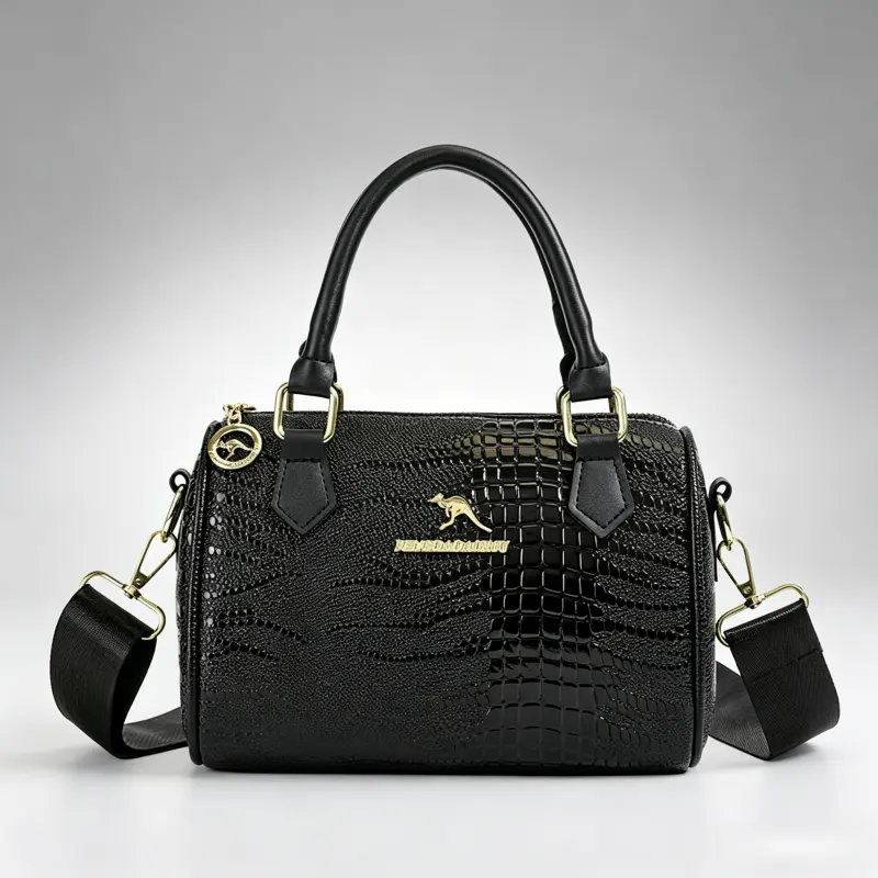 Embossed Cylinder Handbag with Detachable Strap, Multi-Wear Satchel Purse, Elegant Barrel Bag for Work, Travel and Casual Use
