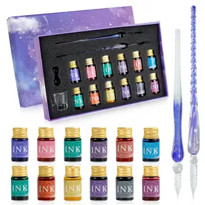 Holiday Gift Glass Dip Pen Ink Set - 2 Crystal Signature Pens + 12 Gold Powder Ink Droppers Included, Art Writing & Signing, Perfect for Beginners