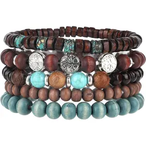 5pcs Life Tree Beaded Bracelets for Women, Multilayer Boho Bracelets Stackable Handmade Wood & Alloy Bead Elastic Bracelet Jewelry Gifts for Women Men