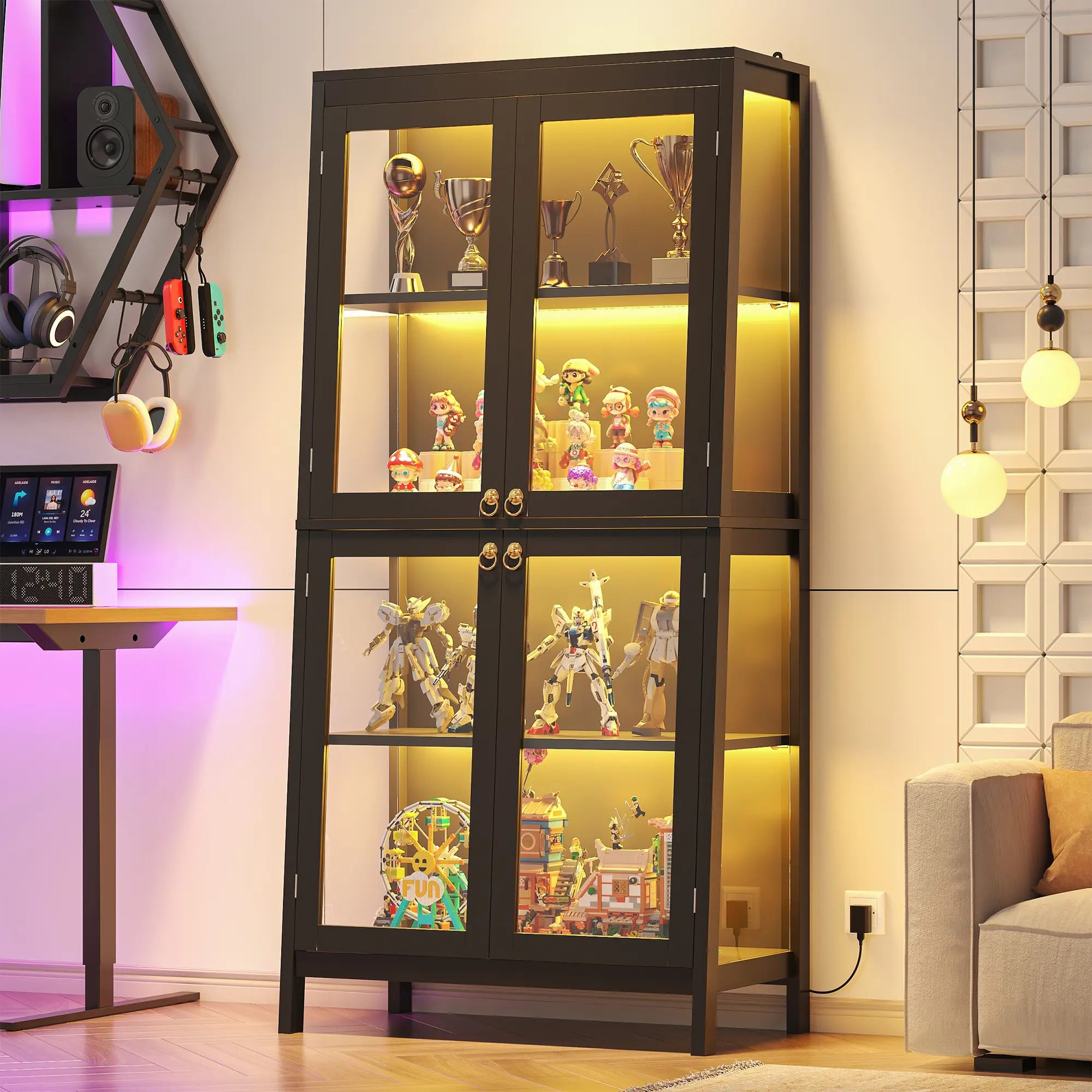 65" H Glass Display Cabinet with Glass Doors, 4 Tiers Display Case with LED Light, Curio Storage Cabinet for Collectible with  4 Tempered Glass Doors for Living Room,Bedroom, Black