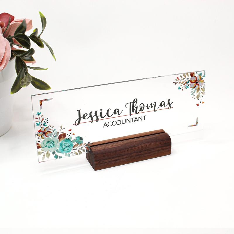Acrylic desk Name Plate with nature ornament for office decor, gift for coworker, friend, personal sign