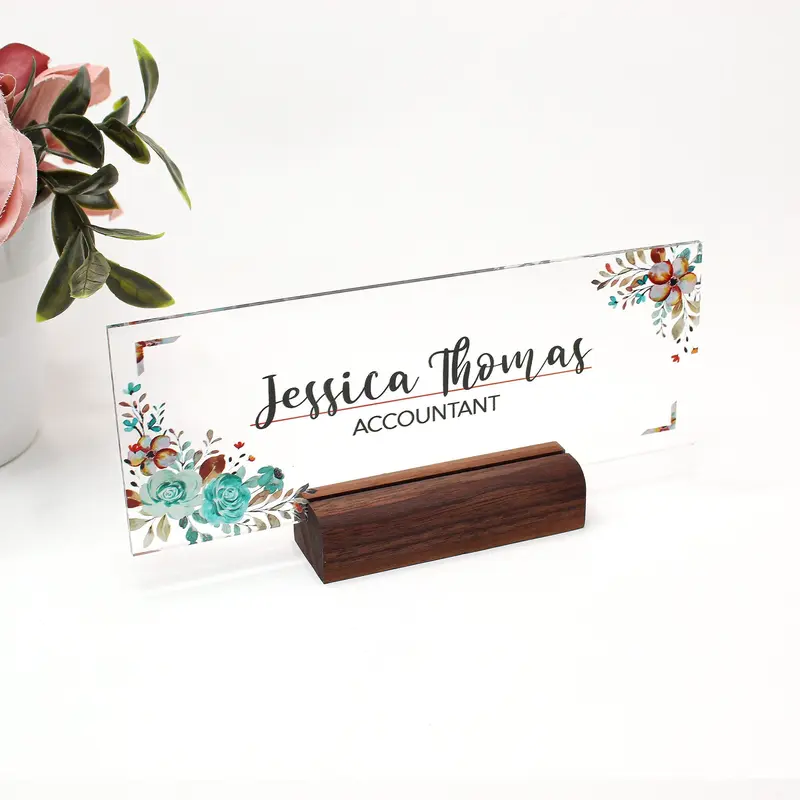 Acrylic desk Name Plate with nature ornament for office decor, gift for coworker, friend, personal sign