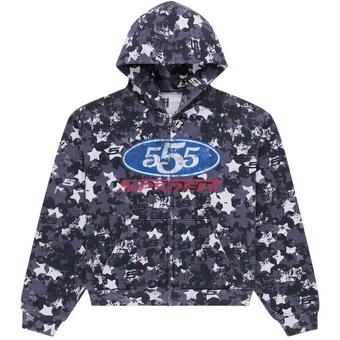 Y2K Hip Hop Sp5der R5cing Zip Hoodie Blue Camo – Vintage Hip Hop Y2K Streetwear Sweatshirt, Blue Camouflage Graphic Full Zip Hooded Jacket, Casual Unisex Fashion for Men Women, Fall Winter Outfit Gift