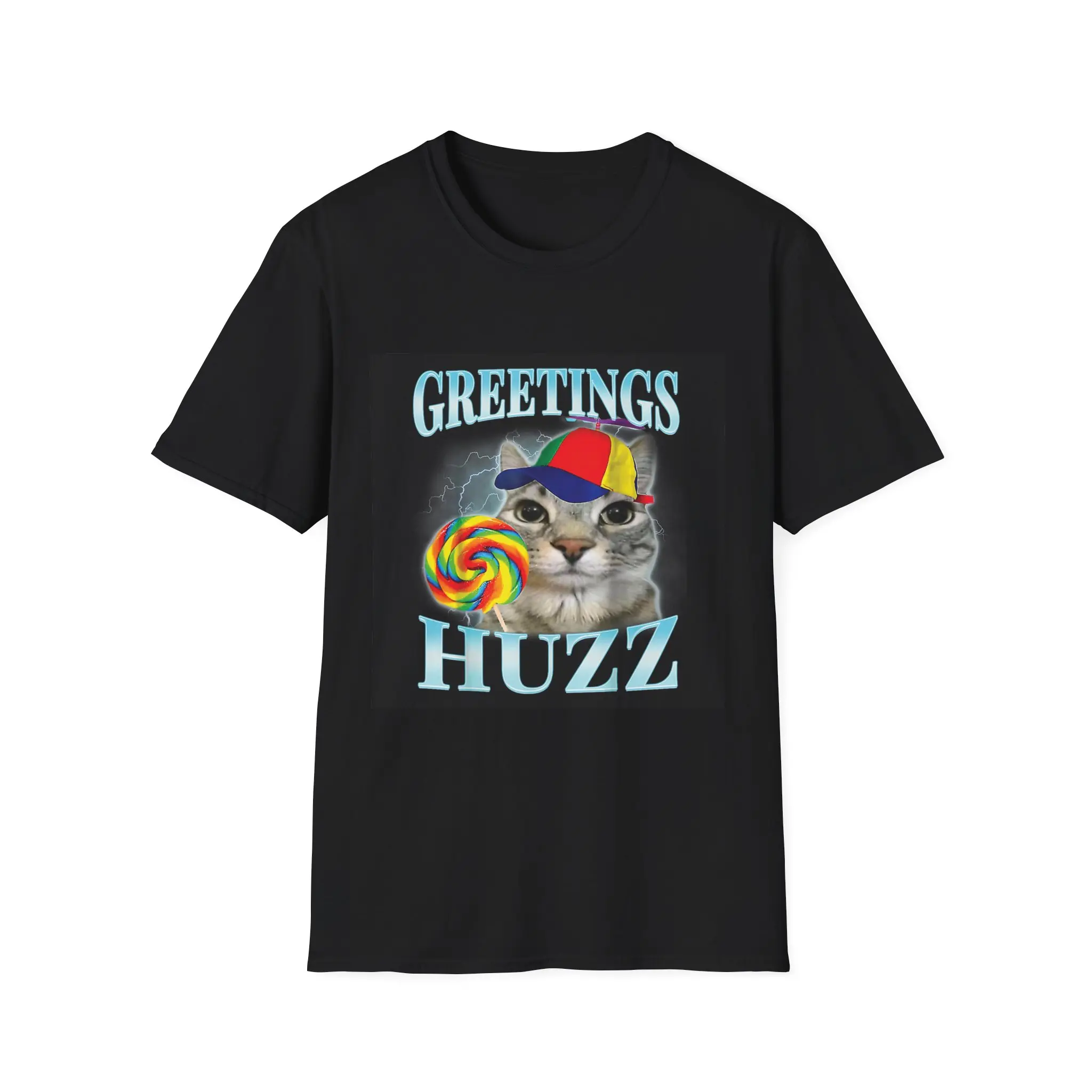 Greetings Huzz Cat Meme T-Shirt, Funny Ironic Propeller Hat Lollipop Gifts, Unisex Softstyle Casual Top, Premium Lightweight Cotton Crewneck Streetwear Graphic Tee