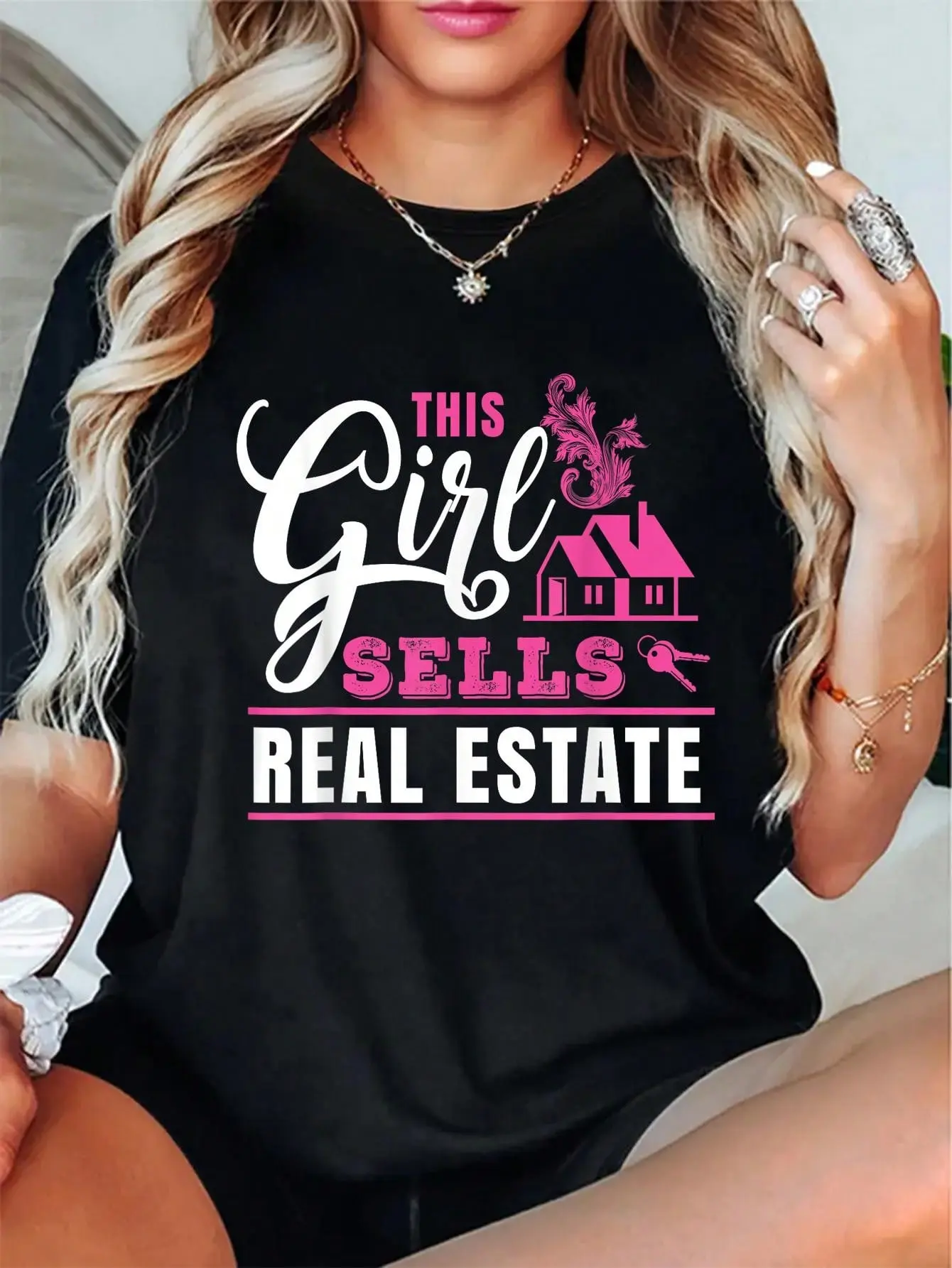 Lady's 100% Cotton Casual Short-Sleeve Everyday Graphic T-Shirt - Female Realtor Gift Tee for "This Girl Sells Real Estate" Fans, Shortsleeve, Top, Women, Vintage, Round Neck, Playful, Cute