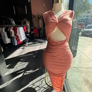 Peachy Dress - Casual Women's Dress with Smocked Bodice and Ruched Skirt in Peach Color - Womenswear Party Formal