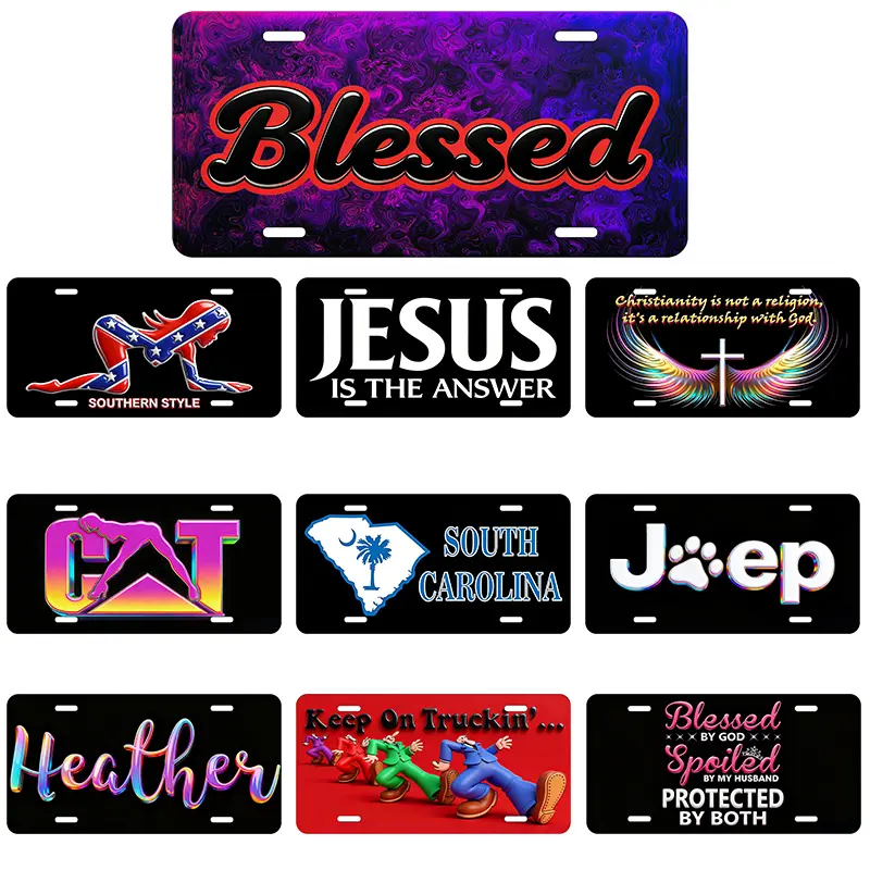 Faith-Inspired Decor Blessed Aluminum License Plate Cover - 6x12in Purple-Pink Swirl Marble, Bold Cursive Lettering, Weatherproof, Fade-Proof, Tool-Free Universal Fit for US Cars, Trucks, All Year-Model Vehicles, Religious Automotive Accessory, Show Your