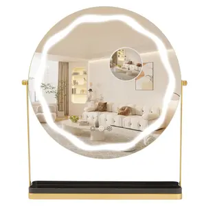 Mirror with Lights, Three Color Adjustable LED Lighting, Removable Storage Case, 360° Rotation, Smart Touch Controls, Suitable for Desks/Bedrooms, Easy Assembly, Gold