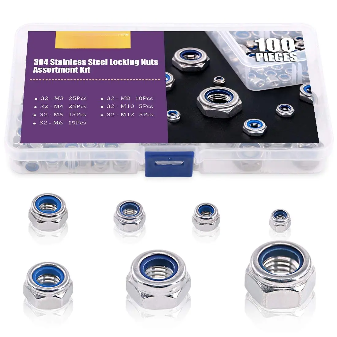 100 count 304 Stainless Steel Metric Lock Nut  Kit  for Lock Washers, Nylon Insert Locknut M3 M4 M5 M6 M8 M10 M12