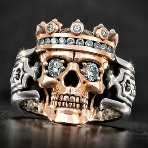 Men's Creative Geometric Zircon Hollow Crown Skull Ring, European and American Style Ring, Men's Retro Exaggerated Hollow Ring