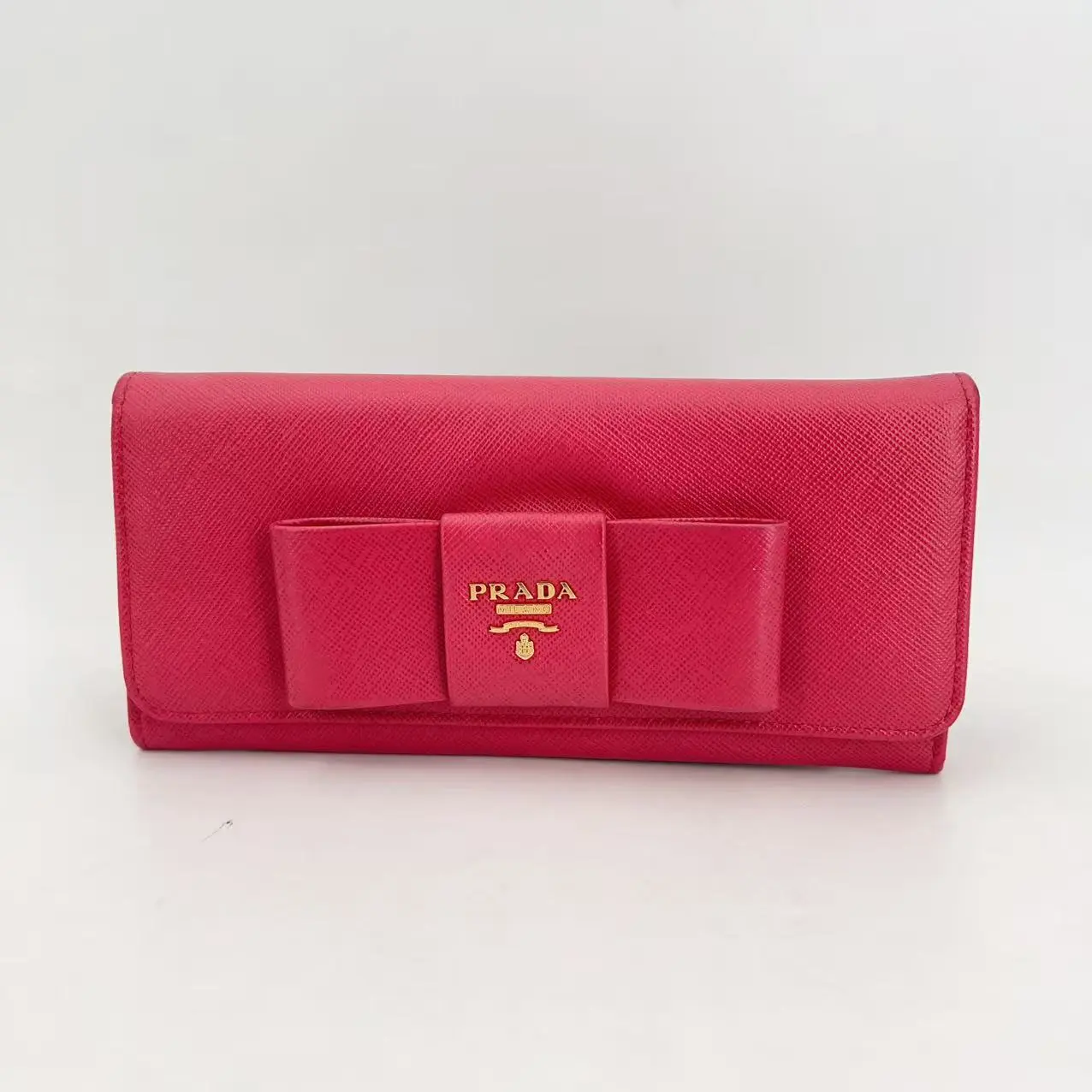 Pre-owned PRADA leather Small Leather Goods Saffiano Fiocco Hot Pink Peonia Wallet