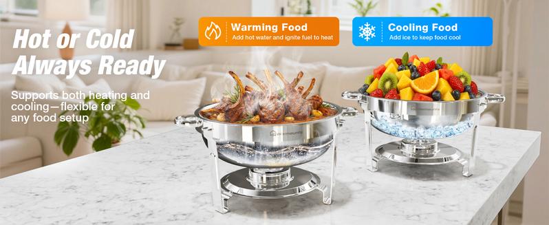 WARMOUNTS Round 5QT Chafing Dishes for Buffet with Glass Lid (2/4/6-Pack) | Chafers and Buffet Warmers for New Year‘s Party & Winter Gathering | Wedding & Catering