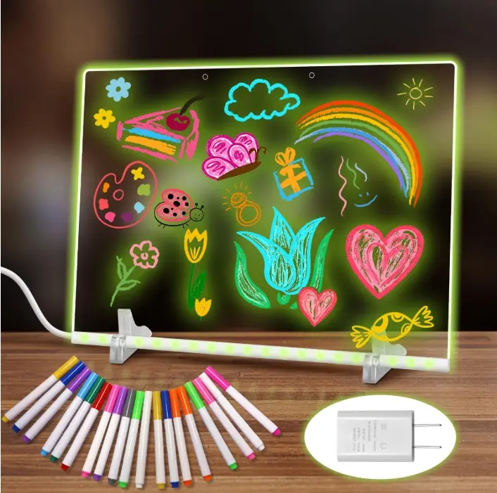 NUNET LED Note Board with 19 Markers, 13.8"x10" Light Up Writing Board, 7 RGB Colors & 4 Modes, Acrylic Dry Erase Sign with Stand, Desktop Message Board with Power Adapter & Hanging Chain