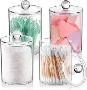 4pcs Swab Holder & Organizer Box - Clear Plastic Jars with Pre-Printed Cotton Balls, Cotton Swabs, Floss Picks & White Labels - Dustproof & Stylish Bathroom Storage