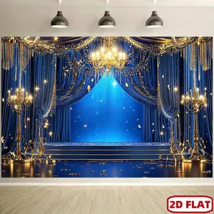 2D Flat Royal Blue and Golden Luxury Backdrop, Elegant Curtain Design with Chandeliers and Golden Butterflies, HD Print Durable Polyester Decor for Wedding Christmas Birthday Confirmation Indoor Outdoor Event, Photo Booth, Party Banner