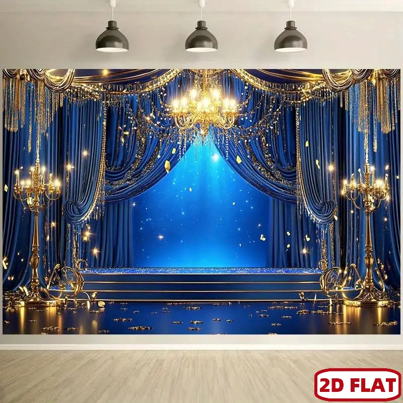 2D Flat Royal Blue & Golden Luxury Backdrop - Elegant Curtain Design with Chandeliers, Golden Butterflies, HD Print Durable Polyester Decor, Birthday-Themed Festive Backdrops & Banners for Wedding Event, Photo Booth, Indoor Outdoor Use