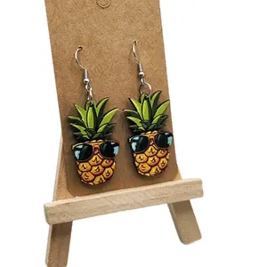 Hand Painted Pineapple Earrings Wooden Lightweight Eco Friendly Unique Design Hook Earrings for Summer Outfits