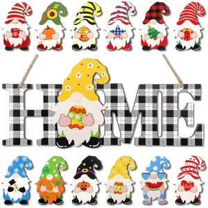 13 Pcs Interchangeable Home Gnome Wood Sign 3D Easter Spring Seasonal Door Decor Rustic Farmhouse Home Decoration for Holiday Wall Decor Gift(Black and White)