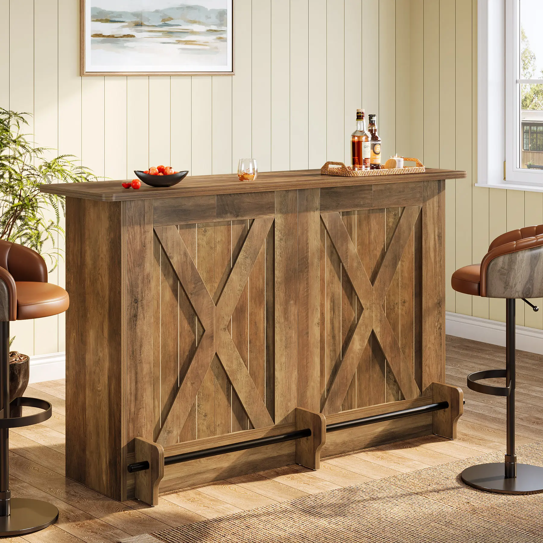 63-Inch Bar Table, 2-Tier Bar Cabinet Height Pub Table with Footrest, Modern Coffee Cabinet for Home Kitchen, Large Home Unit Liquor Furniture, Bistro, Dining Room, Living Room