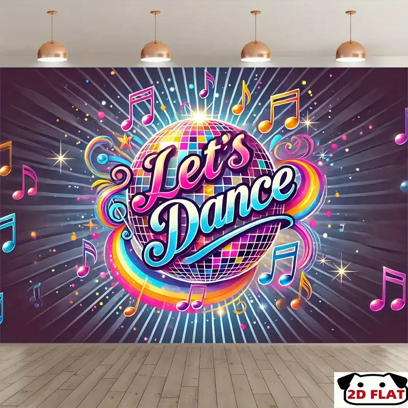2D Flat Banner 1pc,   "Let'S Dance" Photography Backdrop Banner - Vibrant Disco Party Scene Glittering Lights, Music Notes & Dancing Figures - Ideal Indoor/Outdoor Decor, Photo Studio Props, Holiday Celebrati