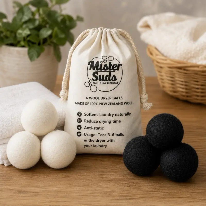 Mister Suds Premium Wool Dryer Balls - 6 Count Softens Laundry Reduces Drying Time Anti-Static New Zealand Wool