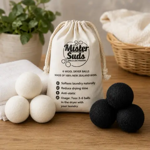 Mister Suds Premium Wool Dryer Balls - 6 Count Softens Laundry Reduces Drying Time Anti-Static New Zealand Wool